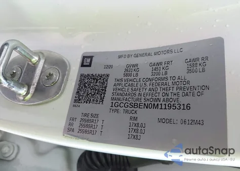 2021 Chevrolet Colorado 2Wd Short Box Wt z USA, uszkodzony, nr VIN 1GCGSBEN0M1195316